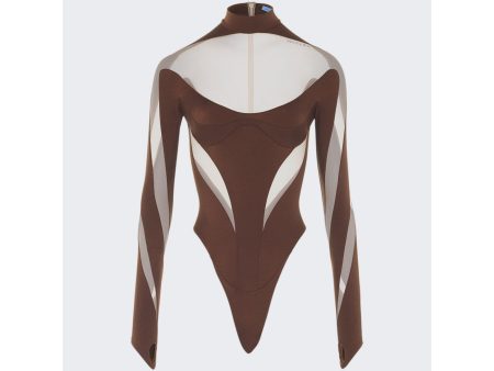 Mugler | Women | Sheer Panel Bodysuit | Chocolate x Nude 01 Hot on Sale