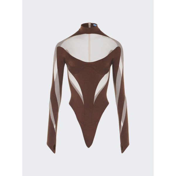 Mugler | Women | Sheer Panel Bodysuit | Chocolate x Nude 01 Hot on Sale