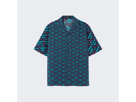 Versace | Cotton Voile La Greca Short Sleeve Shirt | Teal x Purple Sale