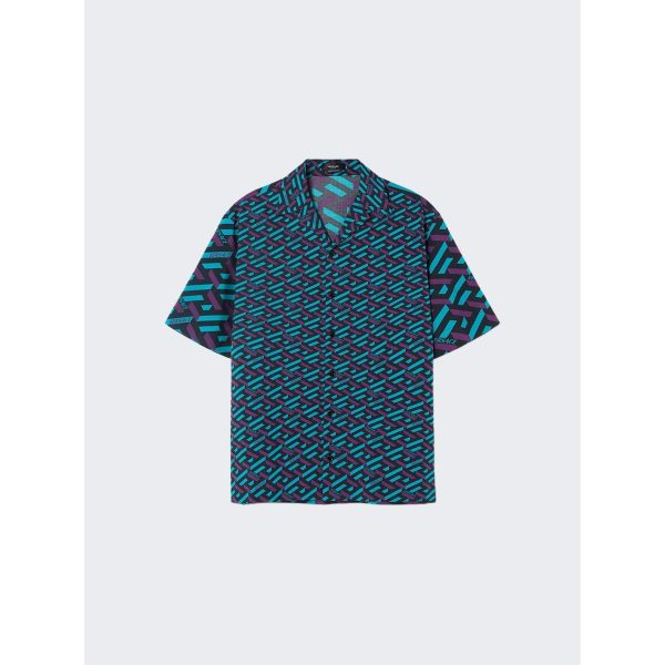 Versace | Cotton Voile La Greca Short Sleeve Shirt | Teal x Purple Sale