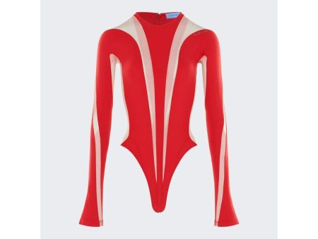 Mugler | Women | Long-sleeve Sheer Panel Bodysuit | Red Online Sale