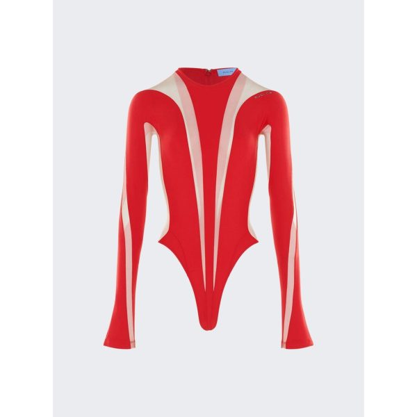 Mugler | Women | Long-sleeve Sheer Panel Bodysuit | Red Online Sale