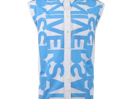 Burberry | Sleeveless Slogan Print Cotton Poplin Shirt | Blue Topaz For Discount