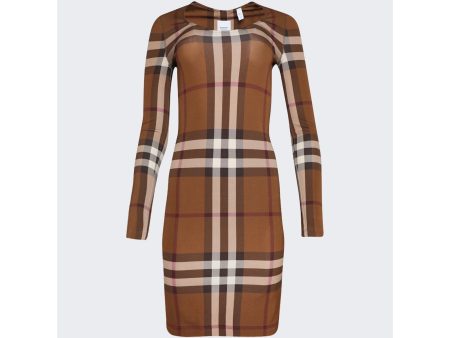 Burberry | Women | Check Stretch Long Sleeve Dress | Dark Birch Brown Cheap