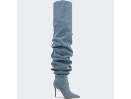 Amina Muaddi | Women | Jahleel Thigh High Boots | Blue Denim For Cheap