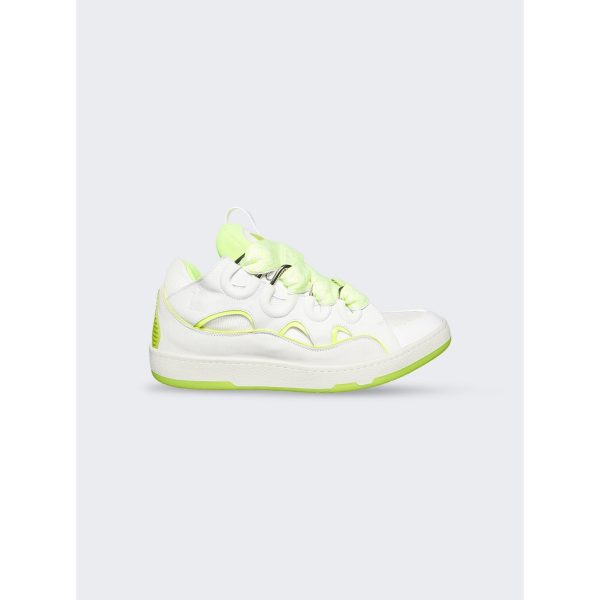 Lanvin | Men | Leather Curb Sneakers | White x Fluorescent Yellow For Cheap