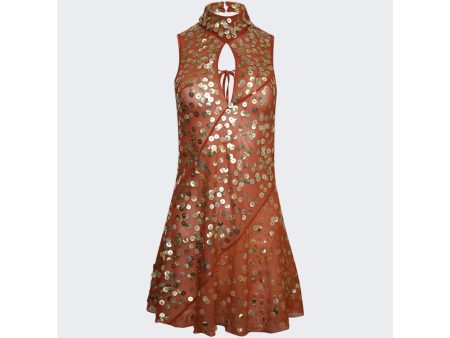 KNWLS | Women | Short Bias Cut Dress With Distressed Sequins Tan on Sale