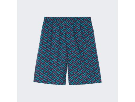 Versace | Men | Cotton Voile La Greca Shorts | Teal x Purple For Sale