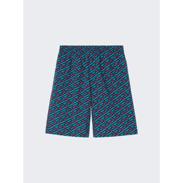 Versace | Men | Cotton Voile La Greca Shorts | Teal x Purple For Sale