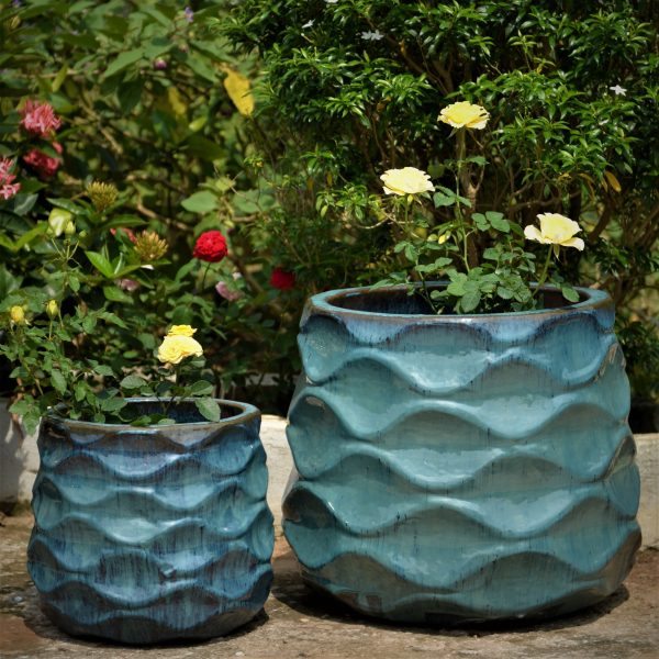 6101H76FS - Deep Turquoise Modern Wave Round Ceramic Planters - FREE SHIPPING For Cheap