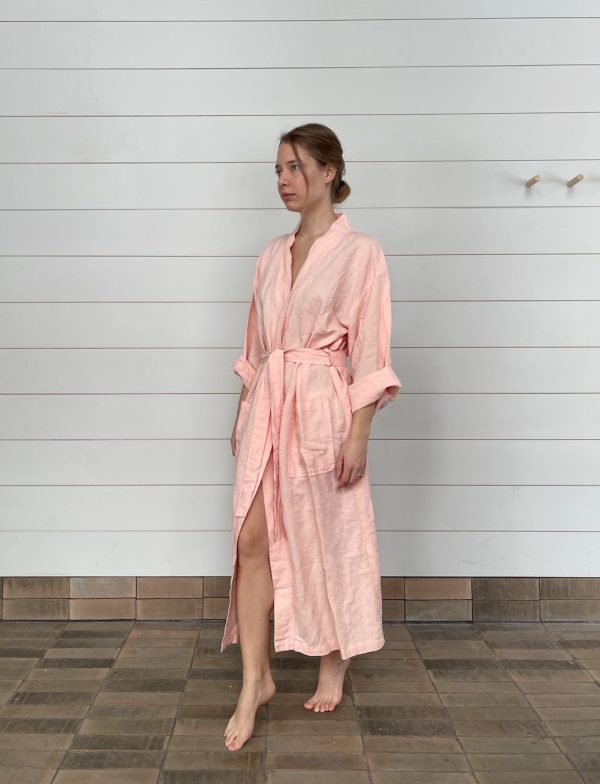 SOFT PINK LINEN BATHROBE KIMONO Online now