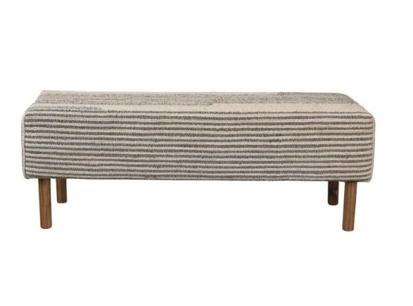 BENCH WITH UPHOLSTERED WOVEN COTTON  DHURRIE TOP & OAK WOOD LEGS Discount