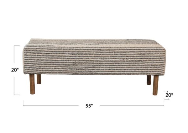 BENCH WITH UPHOLSTERED WOVEN COTTON  DHURRIE TOP & OAK WOOD LEGS Discount