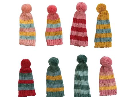 4 H COTTON KNIT HAT BOTTLE TOPPER W STRIPES & POM POM, 8 Colors on Sale