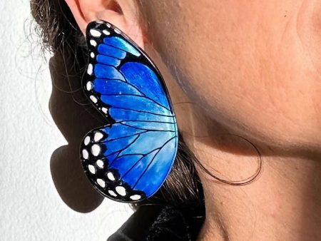 XL Pointed Half Blue Morpho Butterfy Earrings on Sale