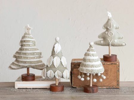 WOOL FELT TREE WITH EMBROIDERY AND WOOD BASE IN GREY & CREAM on Sale