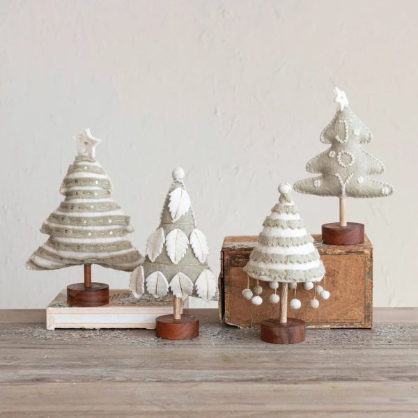 WOOL FELT TREE WITH EMBROIDERY AND WOOD BASE IN GREY & CREAM on Sale